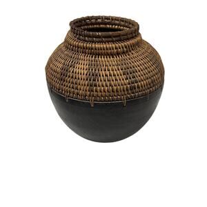 Vintage Rattan & Wood Boho Decorative Vessel | Rustic Basket Vase